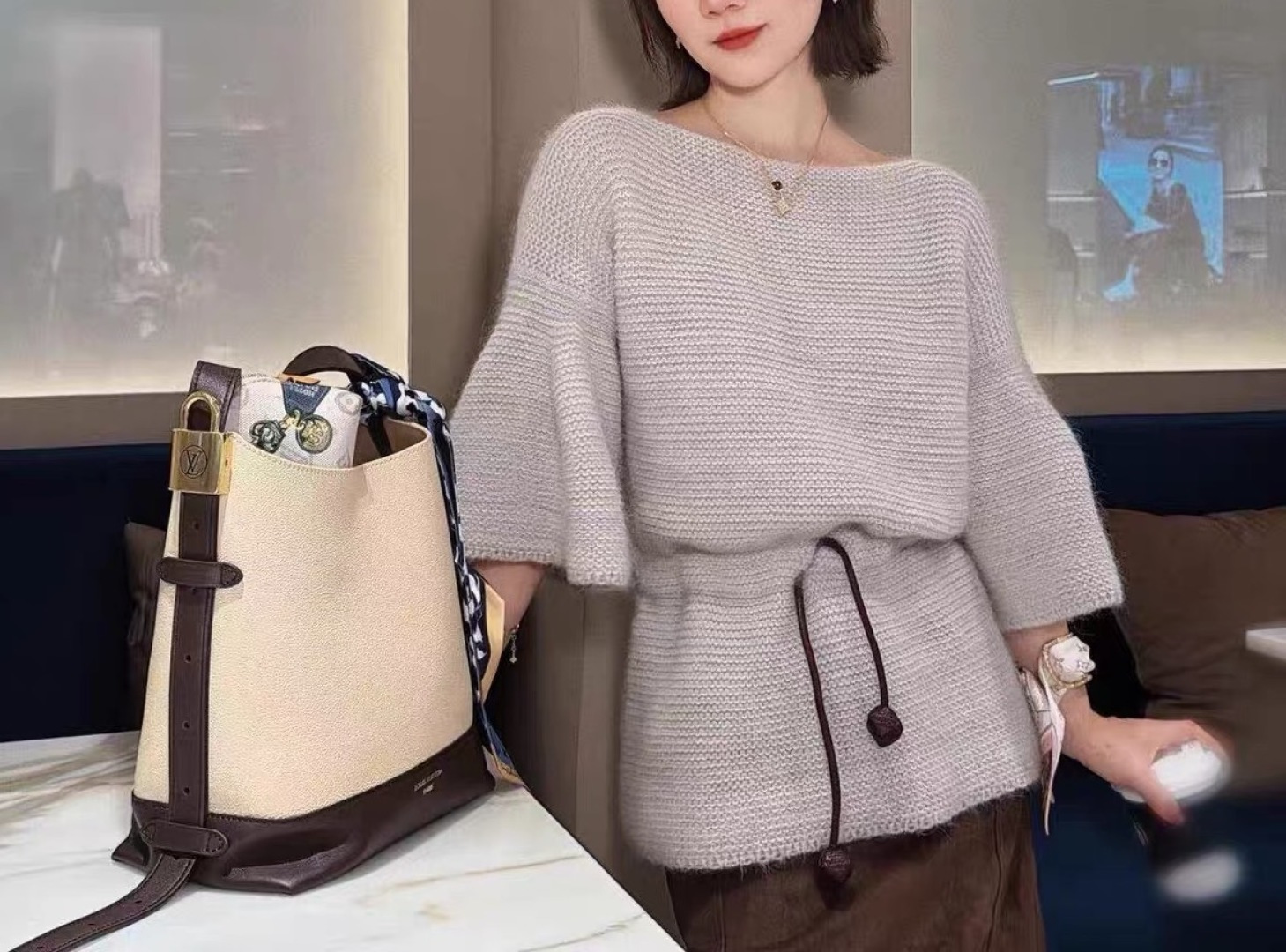 Louis Vuitton Off-Shoulder Flared Sleeve Knit Sweater with Waist Tie