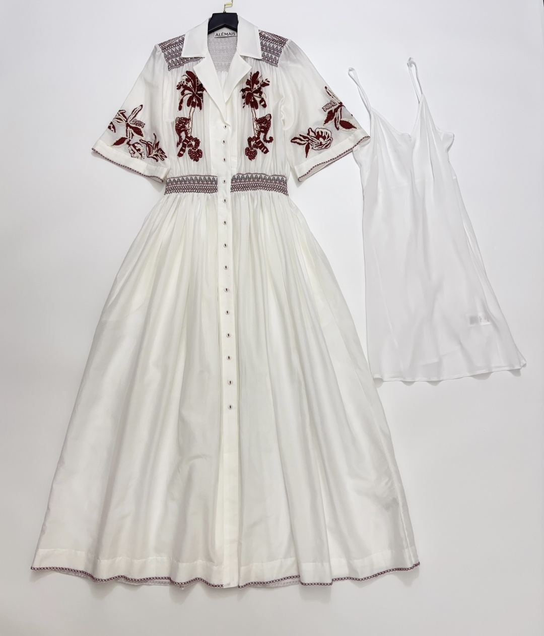 Alémais Cotton Coconut Tree Embroidered Handmade Short-Sleeve Belted Maxi Dress