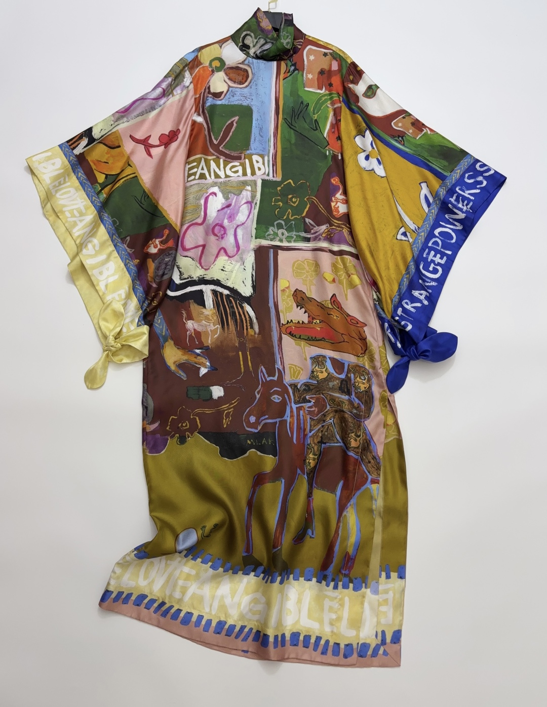 Alémais Silk Hand-Painted Oil Print Slit Stand-Collar Dress
