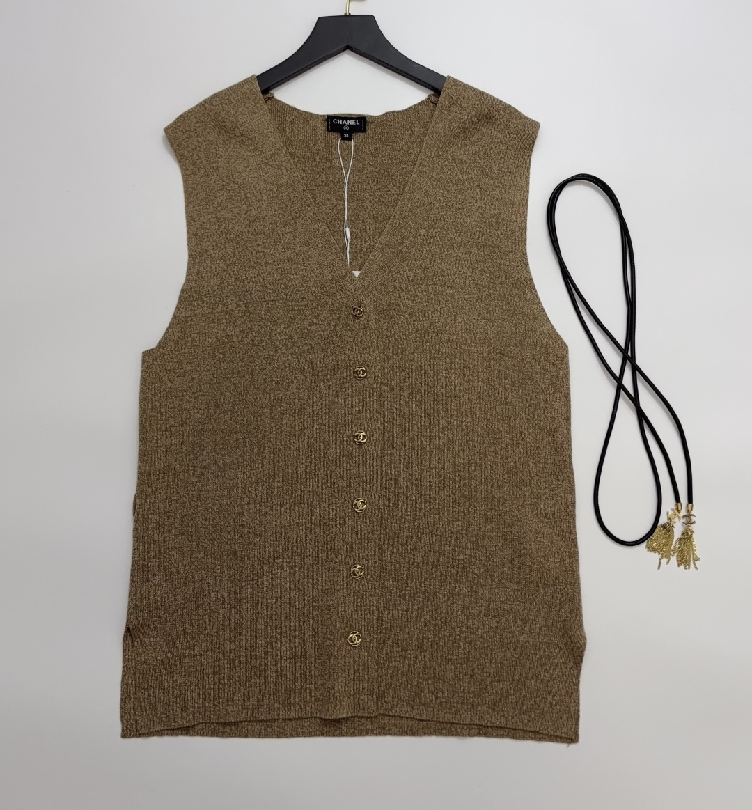Chanel Letter Metal Button Knit Cardigan or Layered V-Neck Cinch-Waist Vest