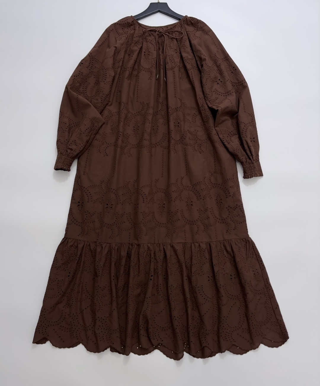 Madeira Embroidered Lantern Long Sleeve Ruffle Hem Maxi Dress