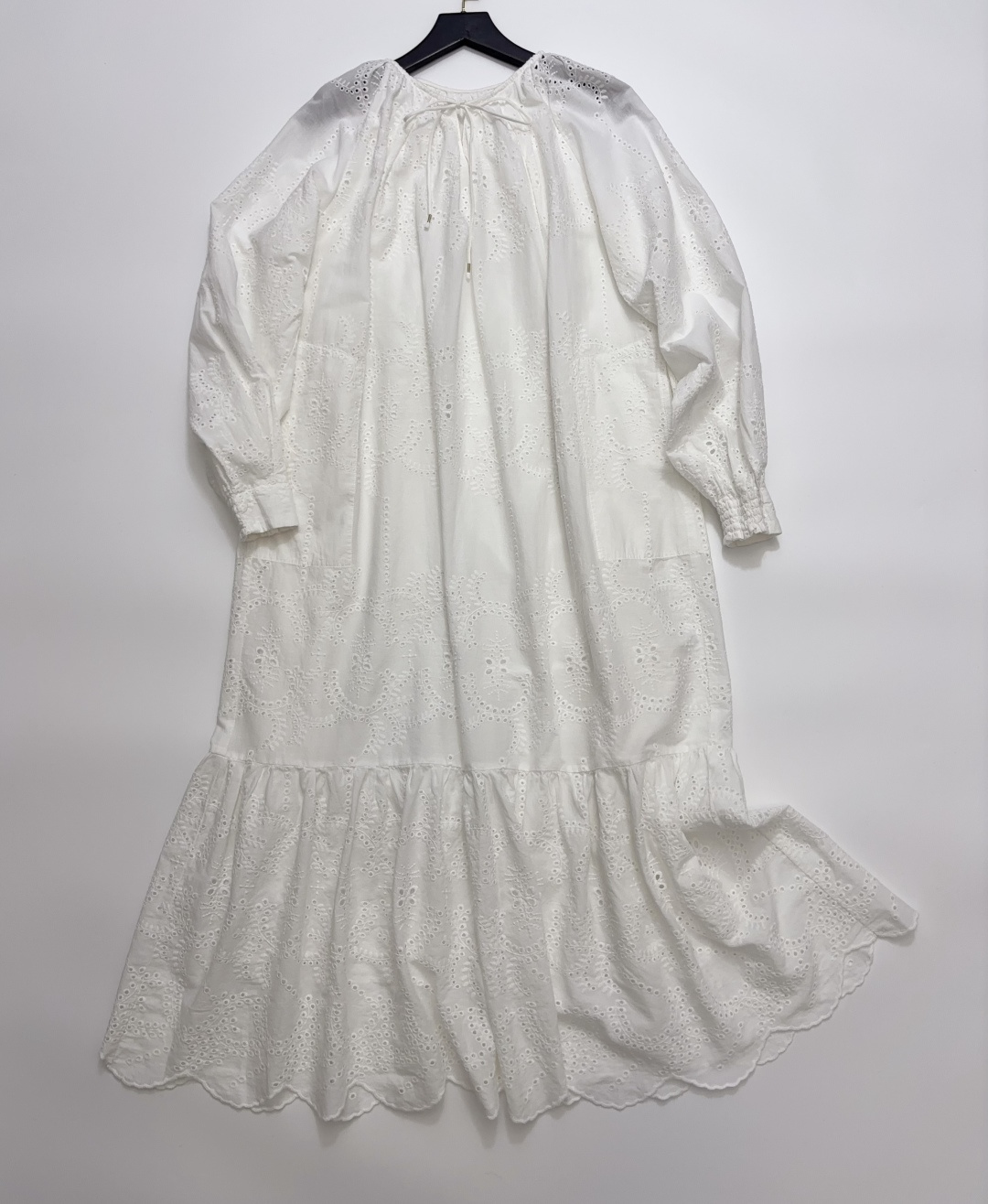 Madeira Embroidery Lantern Long Sleeve Ruffle Hem Long Dress