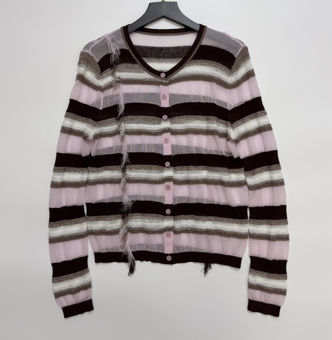Loewe Lightweight Breathable Contrast Stripe Fringed Knit Cardigan