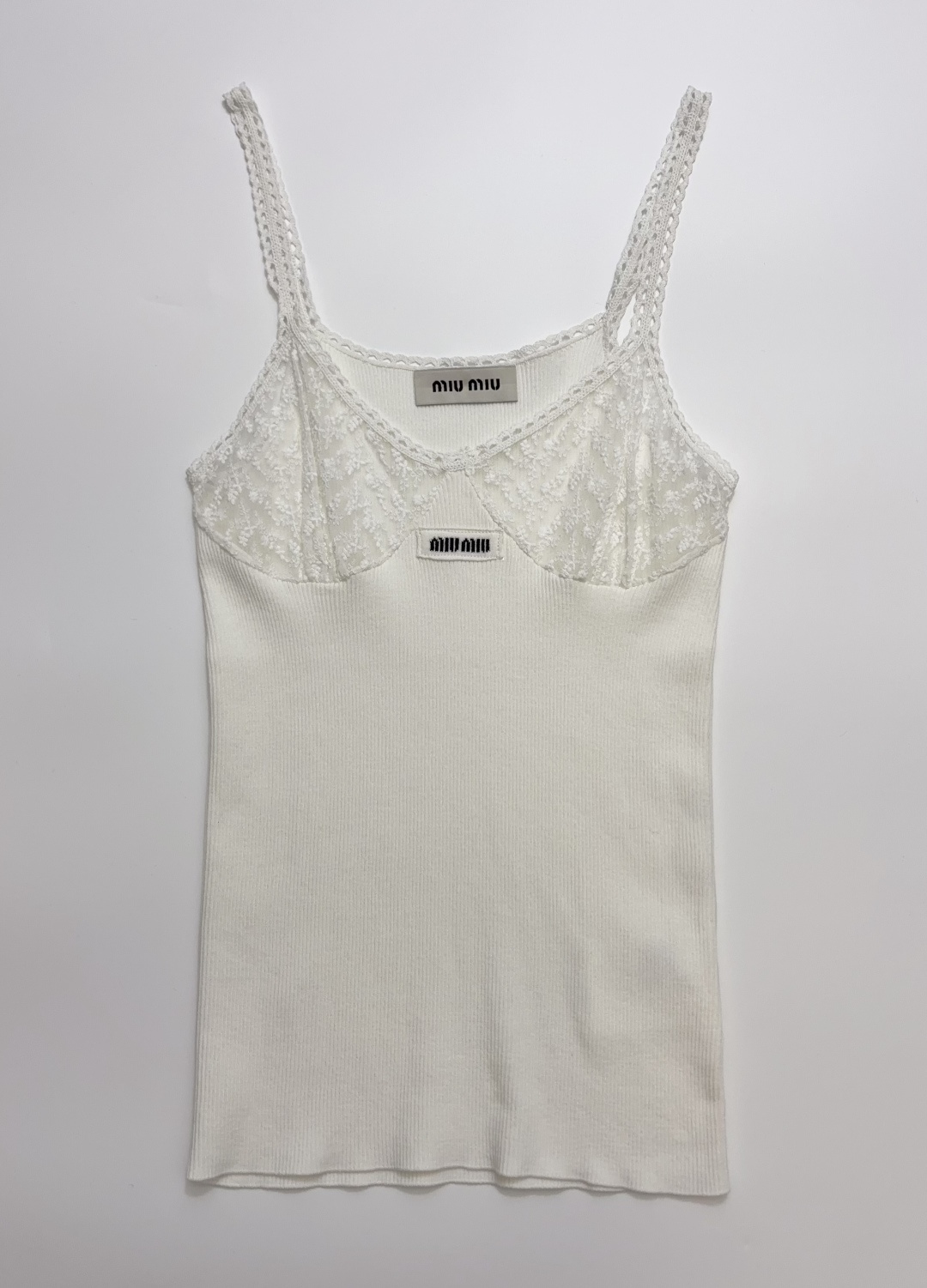 Miu Miu Hollow Lace Knit Camisole with Embroidered Micro Logo
