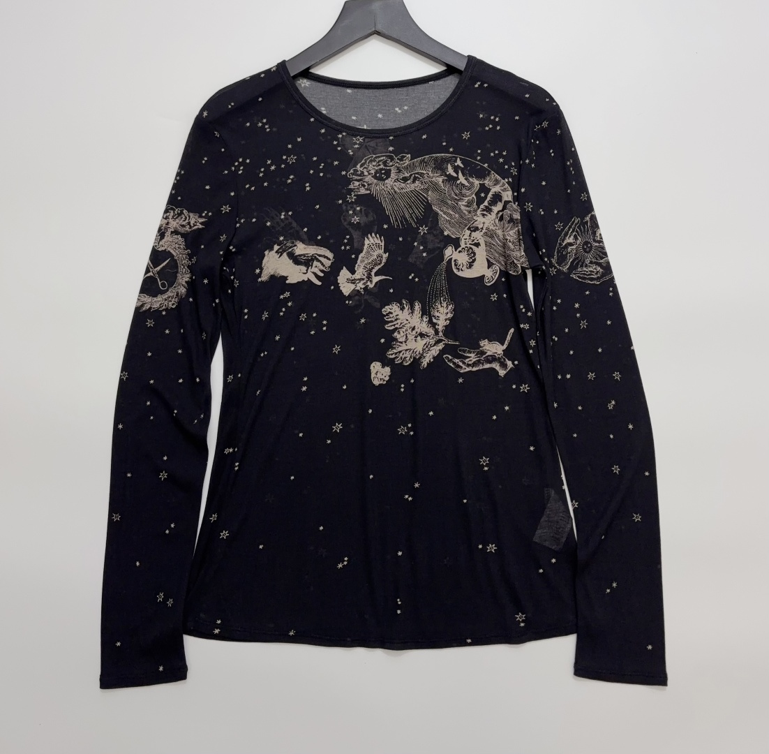 Starry Mythical Bird & Beast Print Sheer Long Sleeve Slim Fit T-Shirt