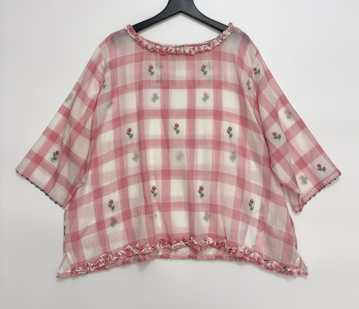 Japanese-Style Jamdani Handwoven Cotton Plaid Floral Shirt