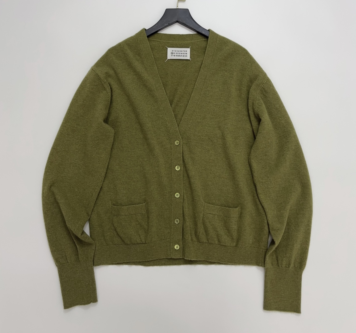 MM6 Maison Margiela Mustard Green V-Neck Knit Cardigan with Double Pockets