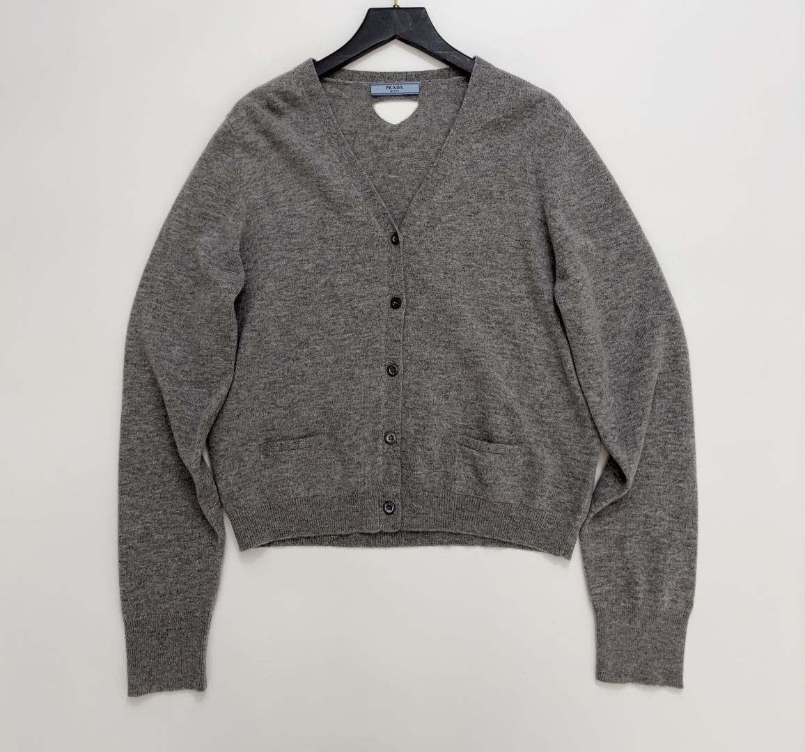 Prada Grey Deep V-Neck Knit Cardigan Sweater