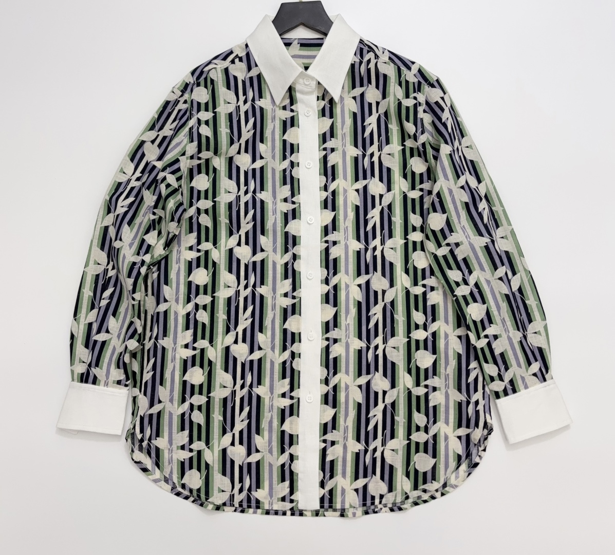 Vintage Linen Striped Leaf Print Contrast Lapel Loose Long Sleeve Shirt