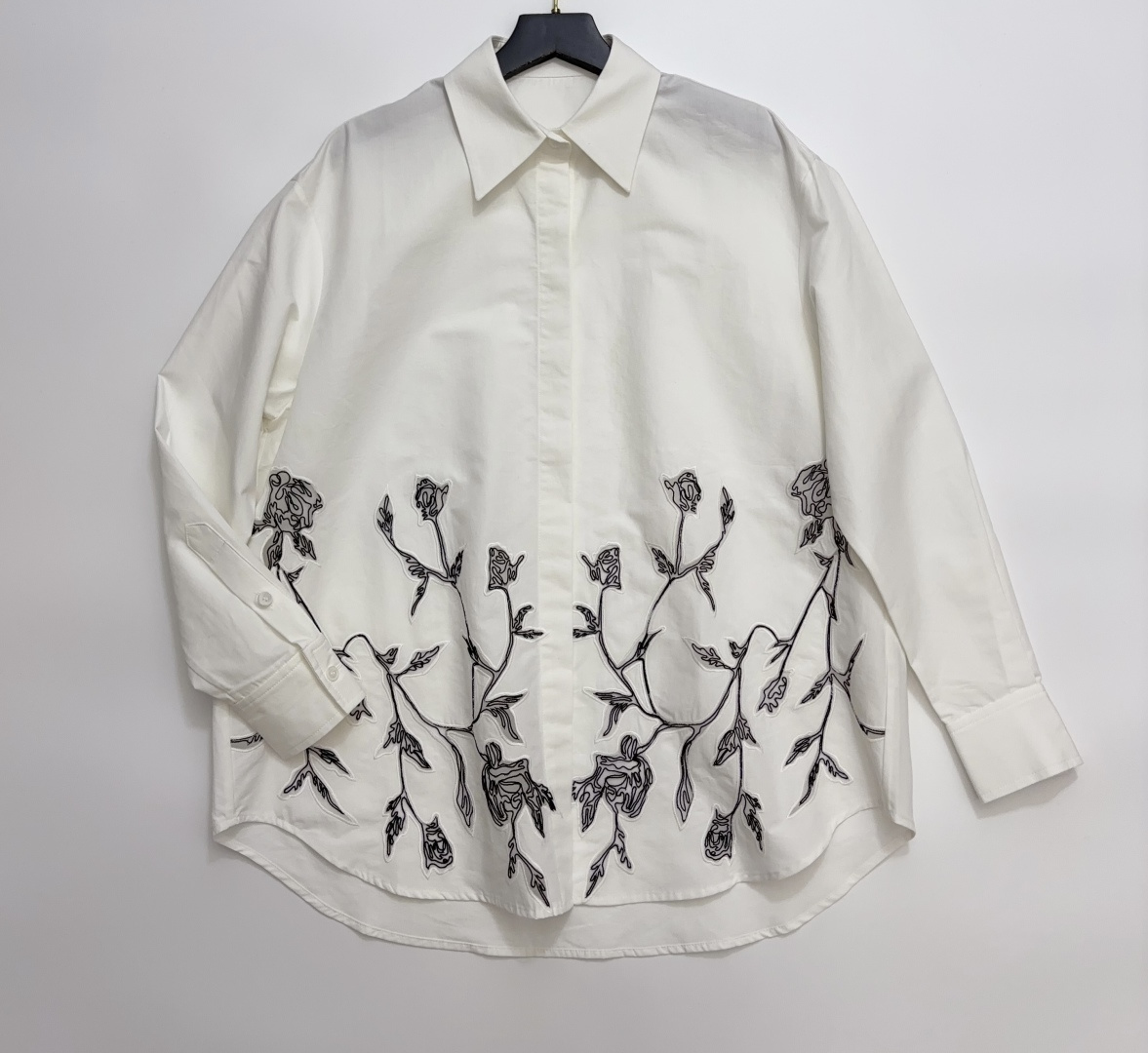Embroidered Black and White Rose Relaxed Fit Shirt