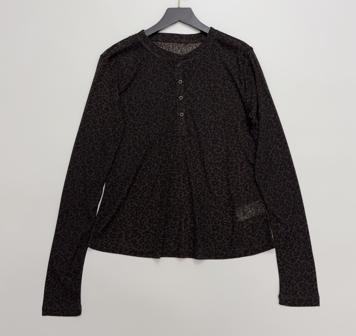 Anine Bing Leopard Print Vintage Sheer Henley Long Sleeve T-Shirt