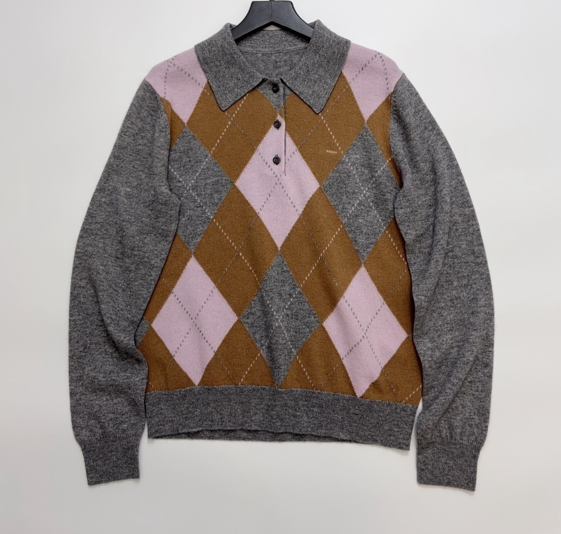 Prada Vintage Argyle Polo Collar Colorblock Knit Sweater