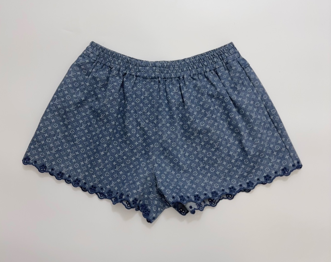 Louis Vuitton Blue Monogram Denim Lace Trim Jeans Shorts
