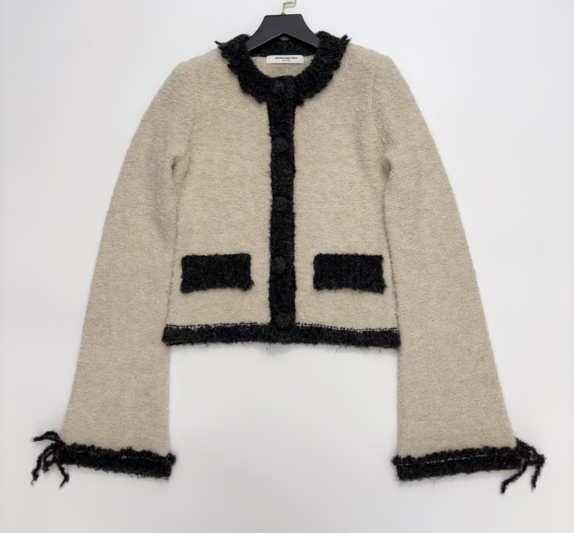 Orseund Iris Cream and Dark Grey Color-Block Knit Cardigan Jacket