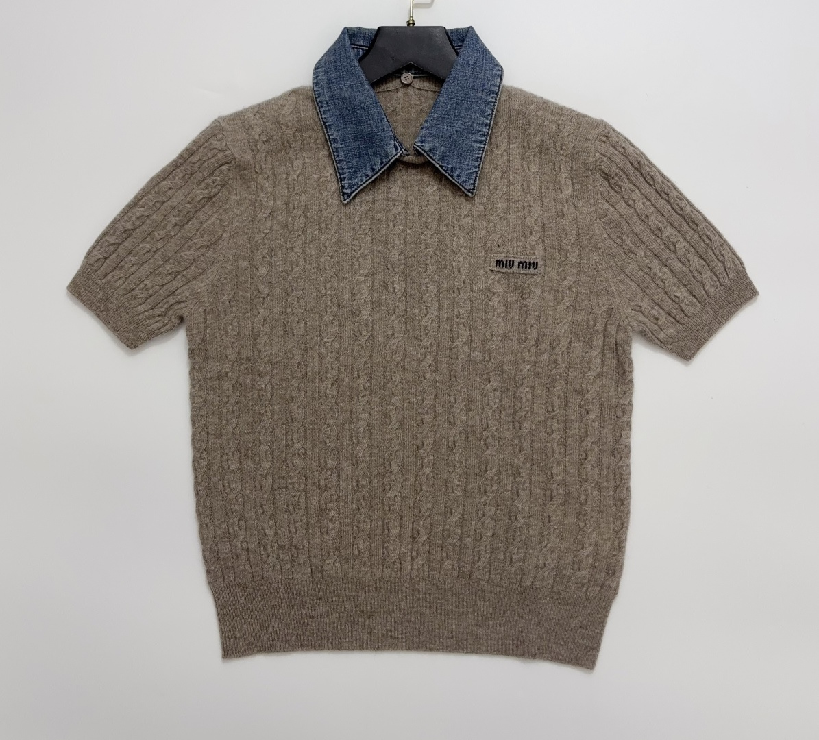 Miu Miu Cable Knit Denim Collar Short Sleeve Pullover Top