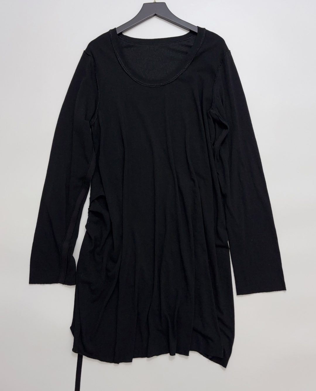Helmut Lang Asymmetric Webbing Patchwork Pleated Raw-Edge Low U-Neck Long Sleeve T-Shirt