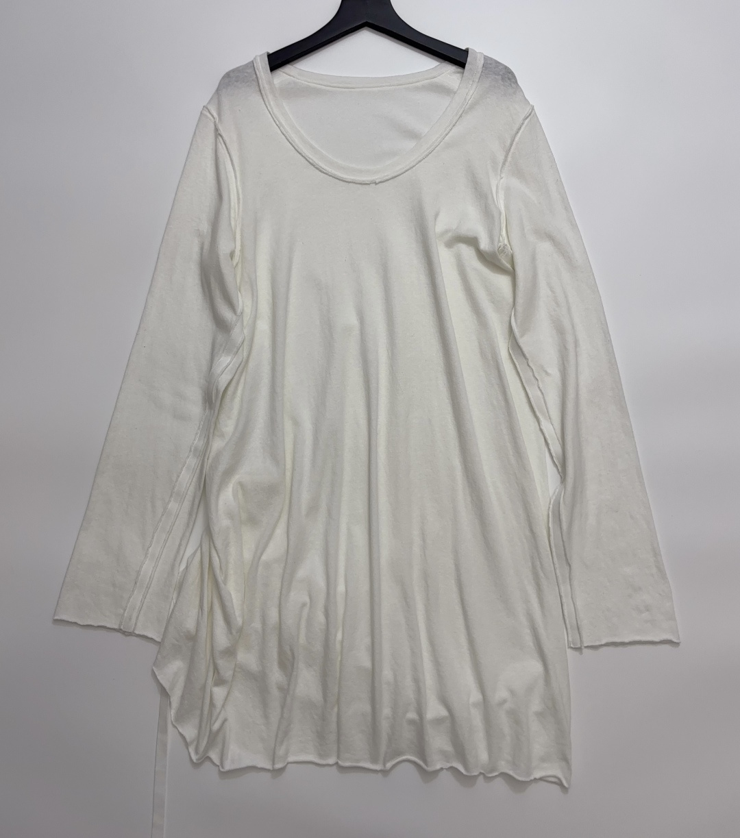 Helmut Lang Asymmetric Webbing Patchwork Pleated Raw-Edge Low U-Neck Long Sleeve T-Shirt