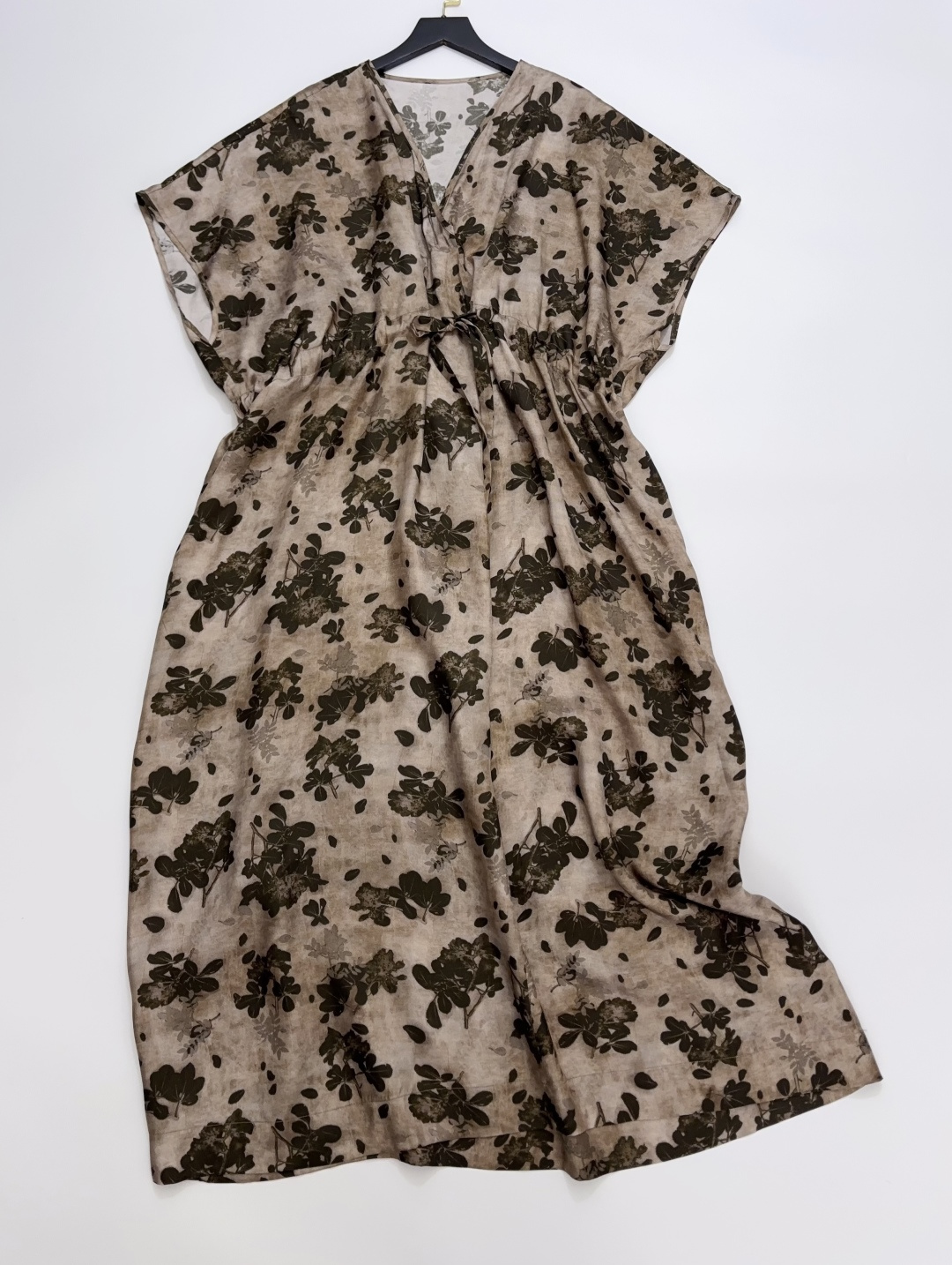 Uma Wang Early Autumn Cupro Tea Color Botanical Print Silk Cinched Waist Dress