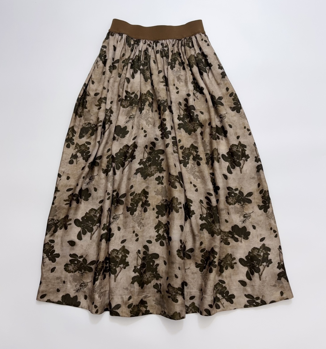 Uma Wang Early Autumn Cupro Tea Color Botanical Print Silk Pleated Skirt