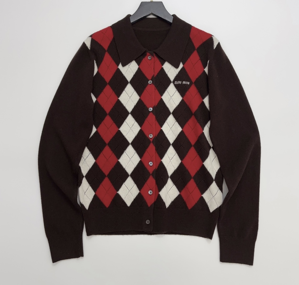 Miu Miu Colorblock Plaid Cashmere Long Sleeve Cardigan
