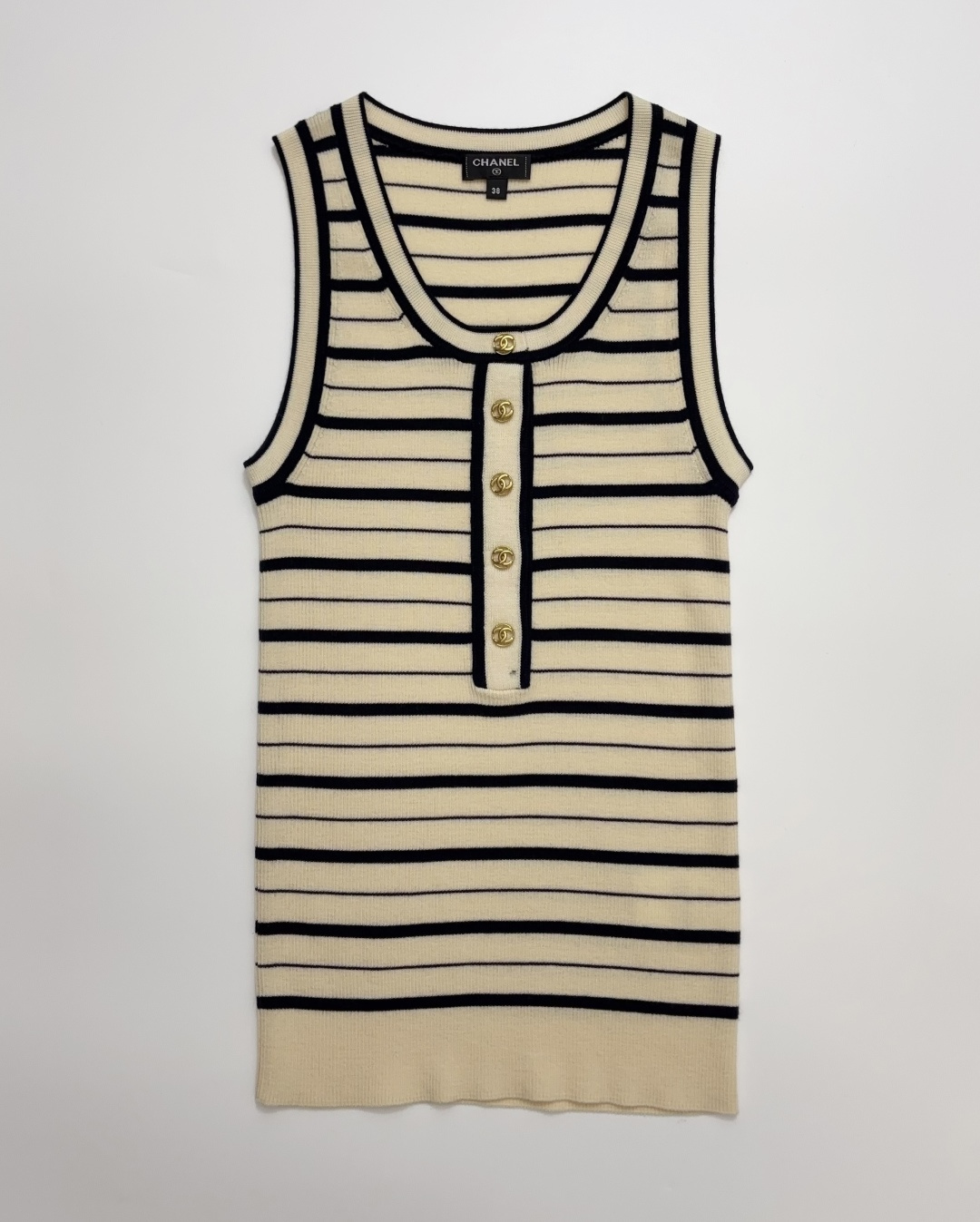 Chanel 26B Autumn Metal Buckle Color Block Striped Knit Vest Top