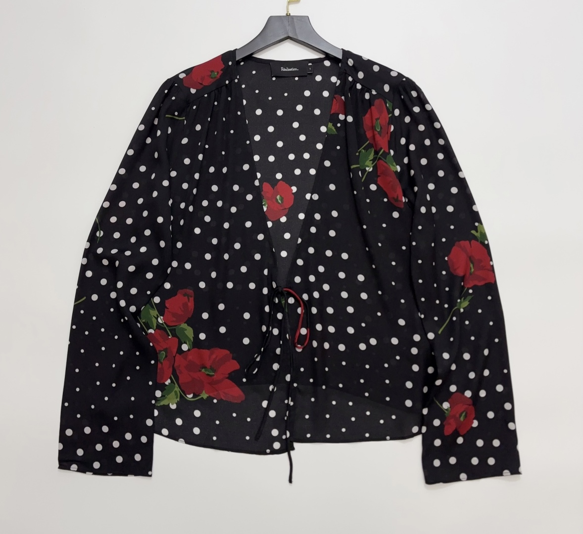 Réalisation Par Black Polka Dot Deep V-Neck Long Sleeve Tie-Front Silk Blouse The Bianca