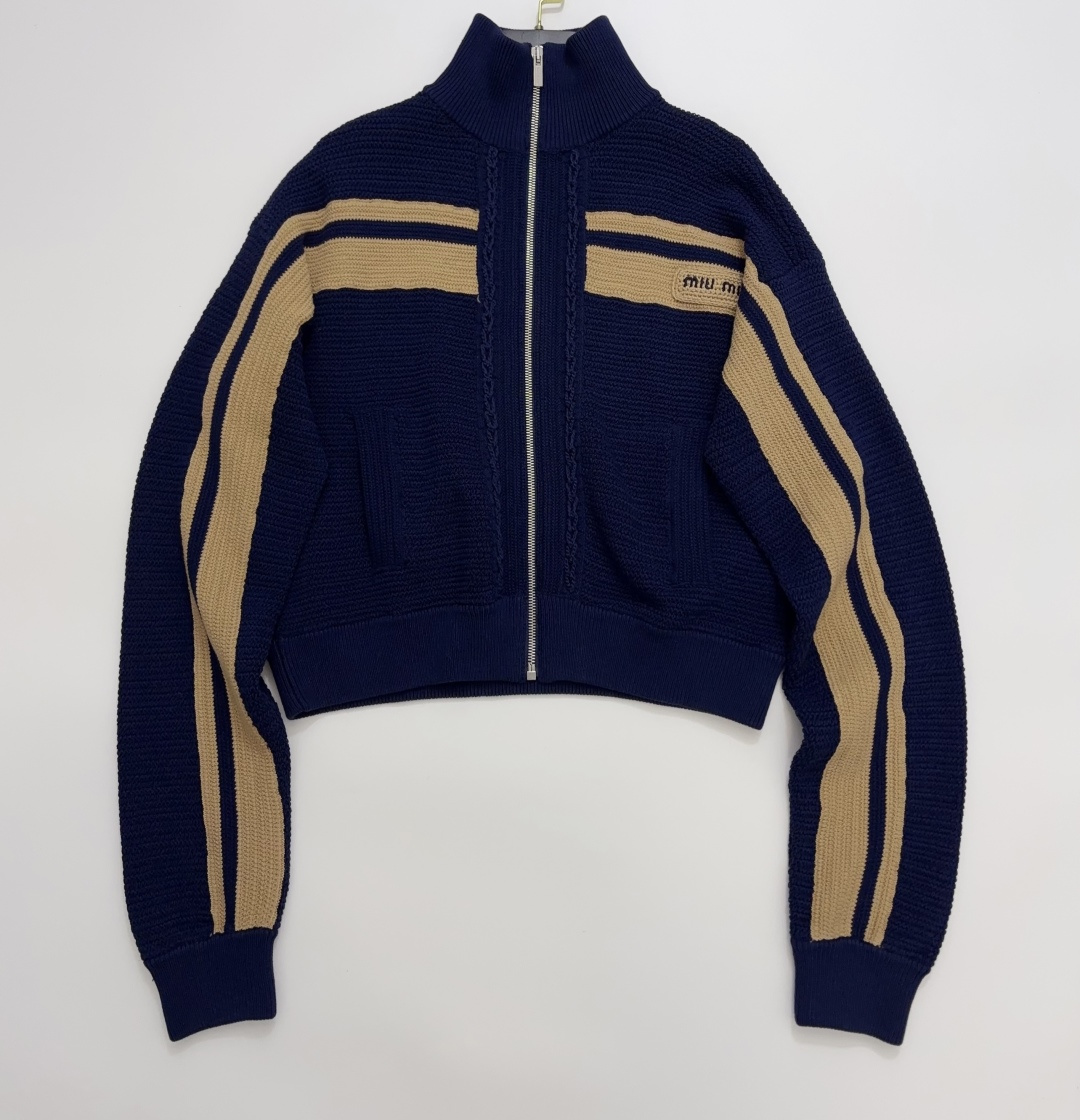 Miu Miu Navy Colorblock Knit Cardigan Zipper Jacket