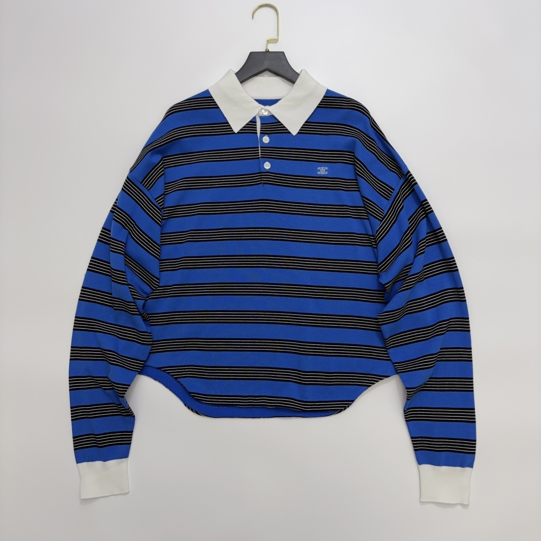 Celine Collegiate Color-Block Stripe Polo Neck Knit Top