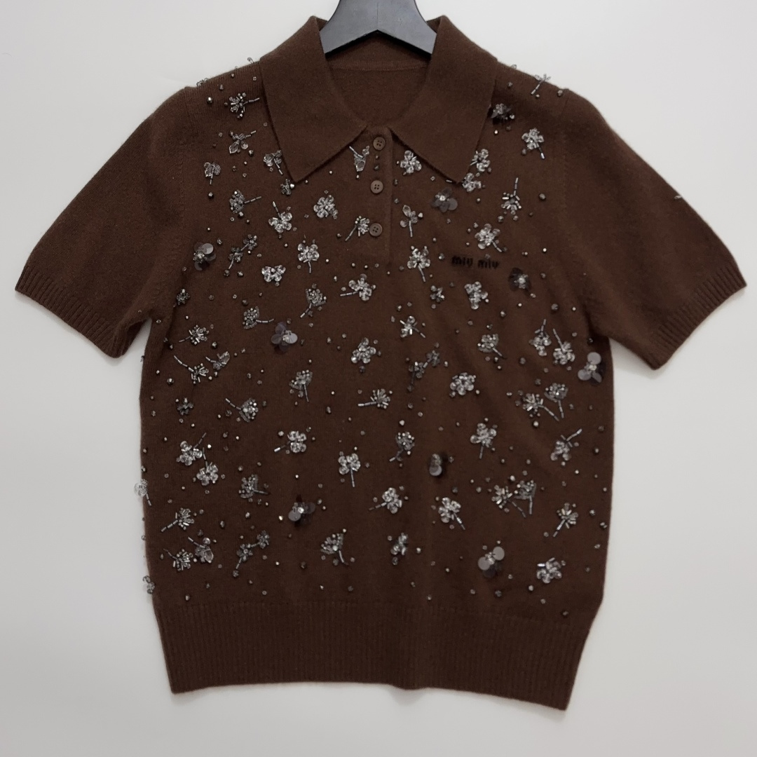 Miu Miu Hand-Embellished Beaded Embroidered Letter Cashmere Knit Short Sleeve Top