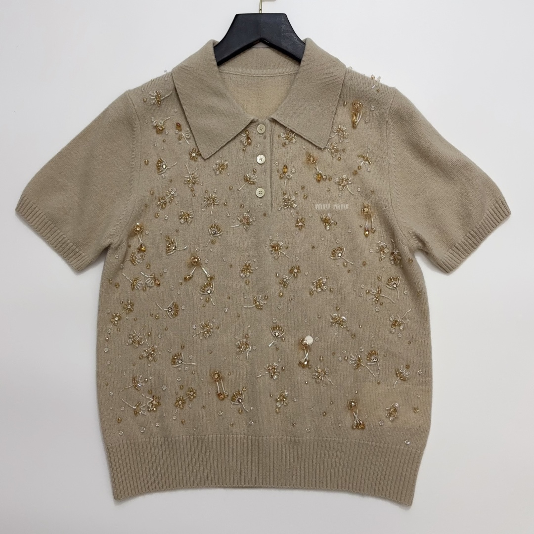 Miu Miu Hand-Embellished Beaded Embroidered Letter Cashmere Knit Short Sleeve Top