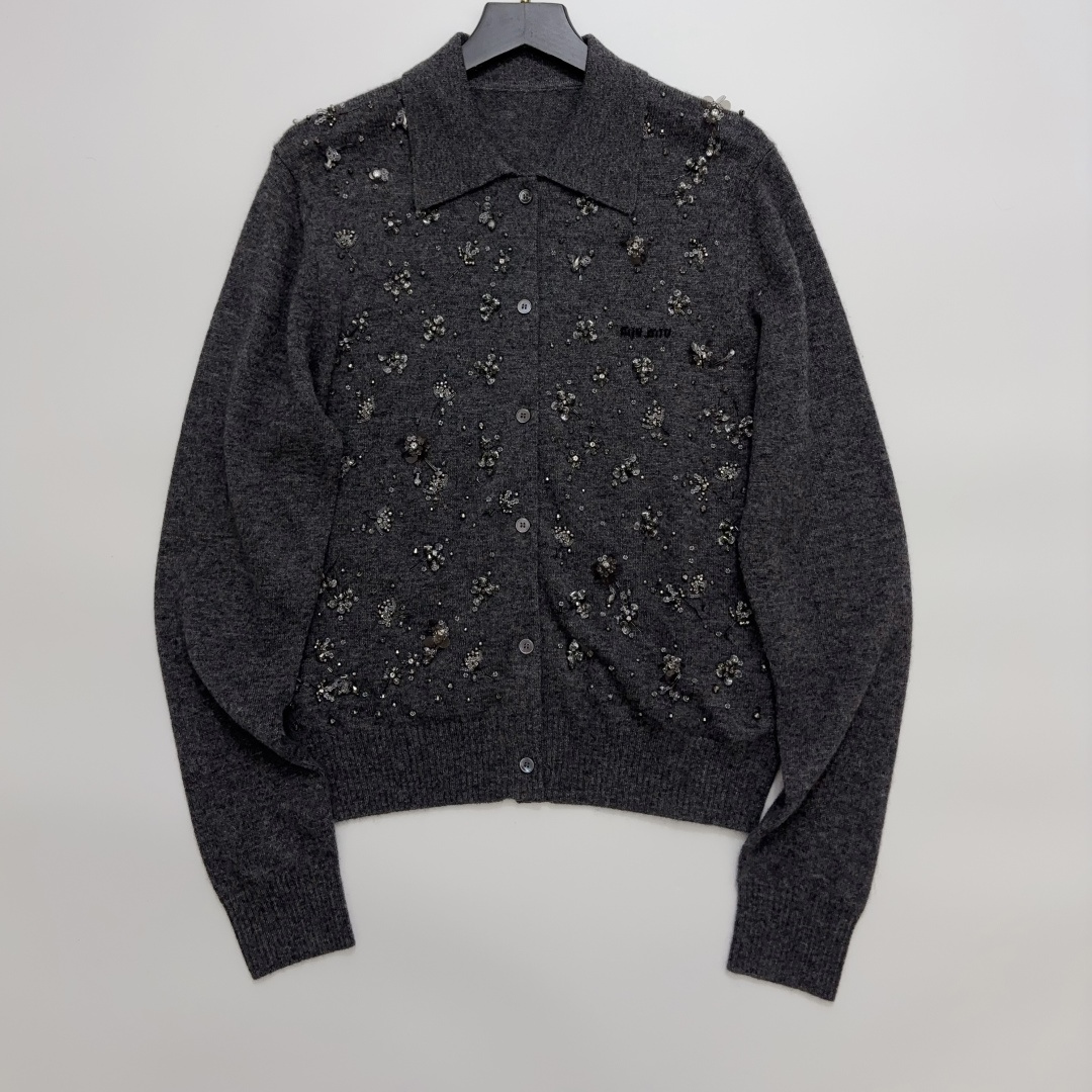 Miu Miu Hand-Embellished Beaded Rhinestone Long Sleeve Lapel Knit Cardigan