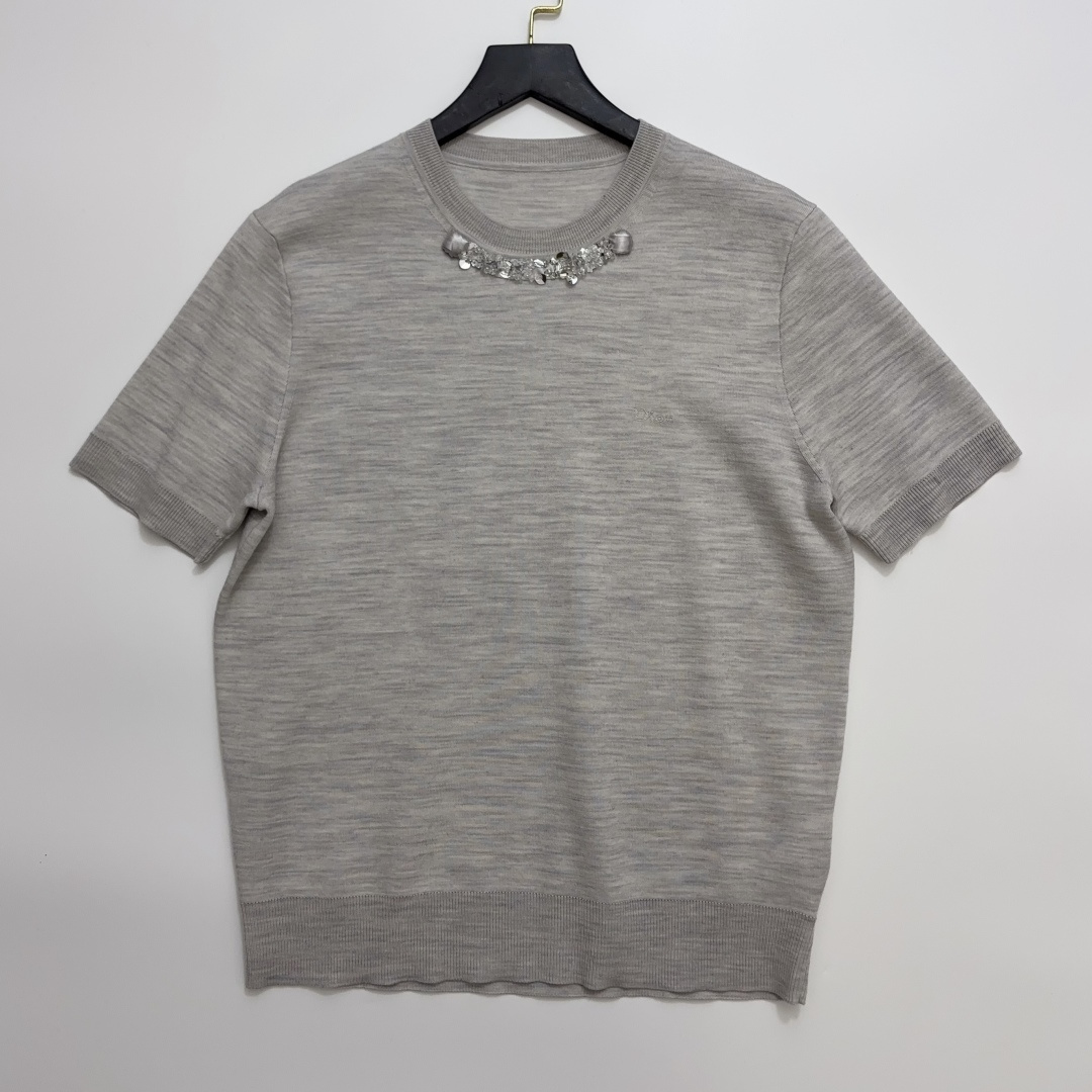 Dior Hand-Beaded Light Grey Knit Pullover Short Sleeve Top