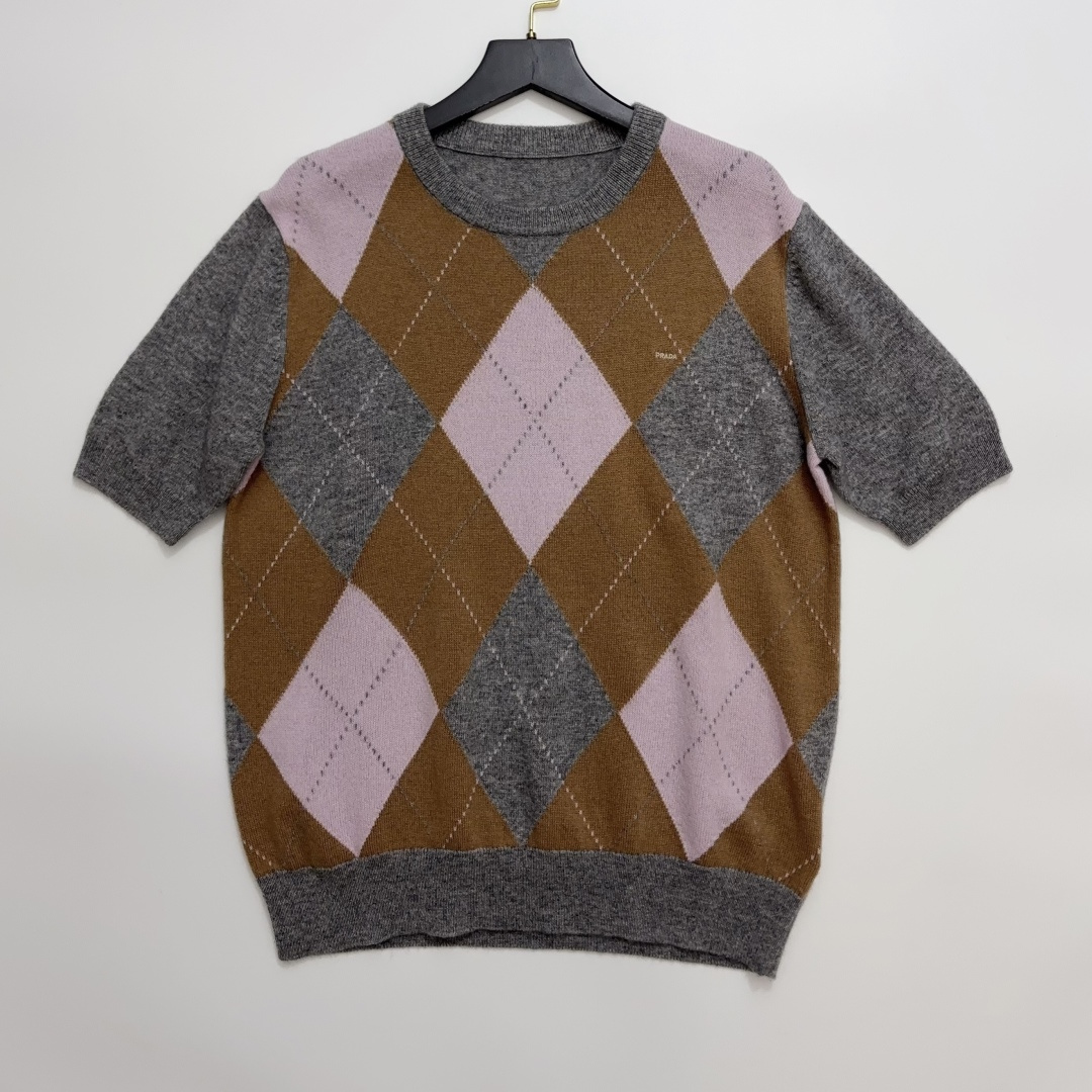Prada Academic Style Vintage Argyle Round Neck Colorblock Knit Short Sleeve Top