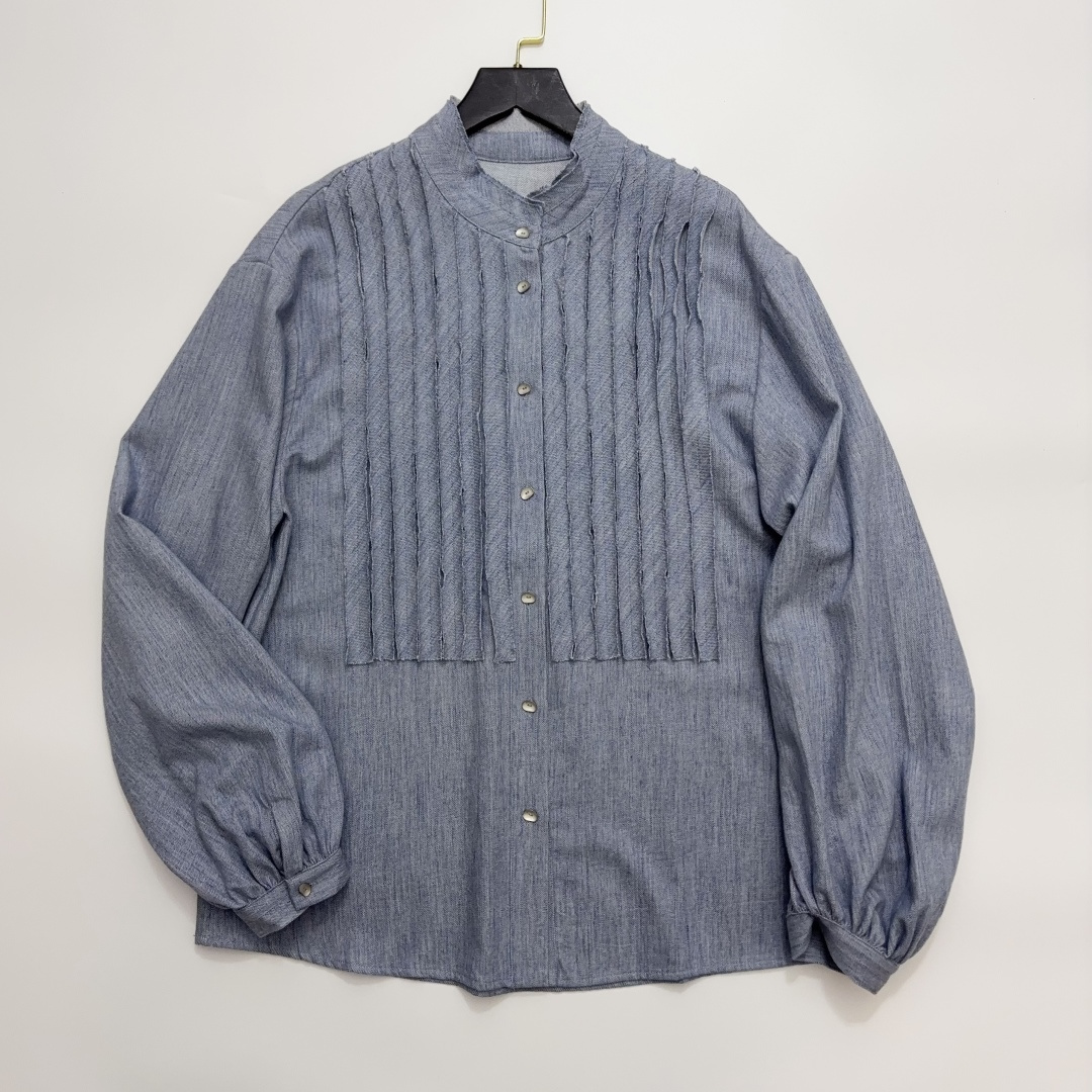 Vintage Pleated Stand-Collar Cotton Linen Shirt with Relaxed Lantern Sleeves