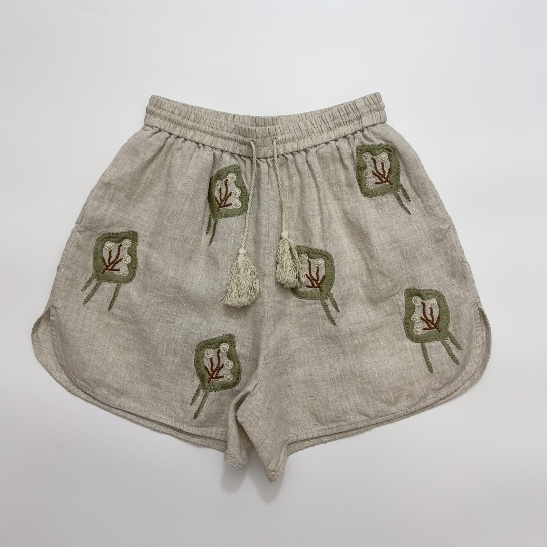 Leaf Embroidered Linen Shorts