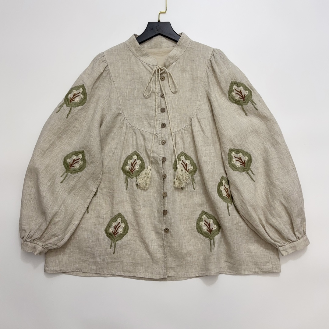 Archive Leaf Embroidered Linen Shirt with Tassel Tie Loose Babydoll Top