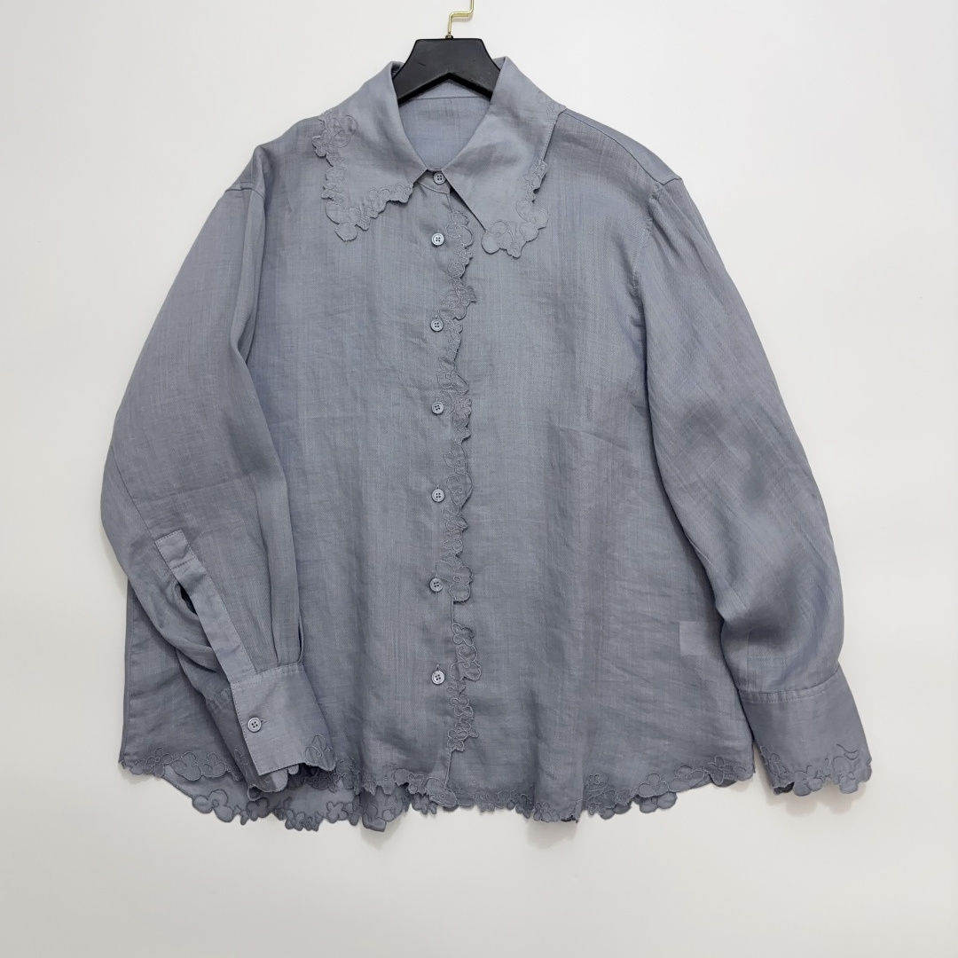 Archive Japanese Style Embroidered Lace Linen Shirt Retro Lapel Loose Thin Ramie Long Sleeve Shirt