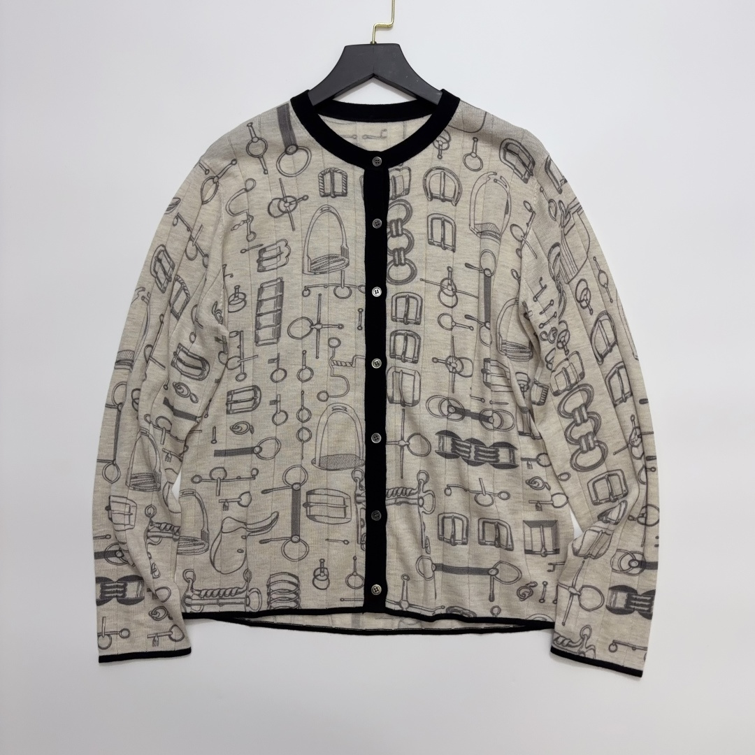 Early Autumn Heavy-Duty Print Round Neck Long Sleeve Knit Cardigan