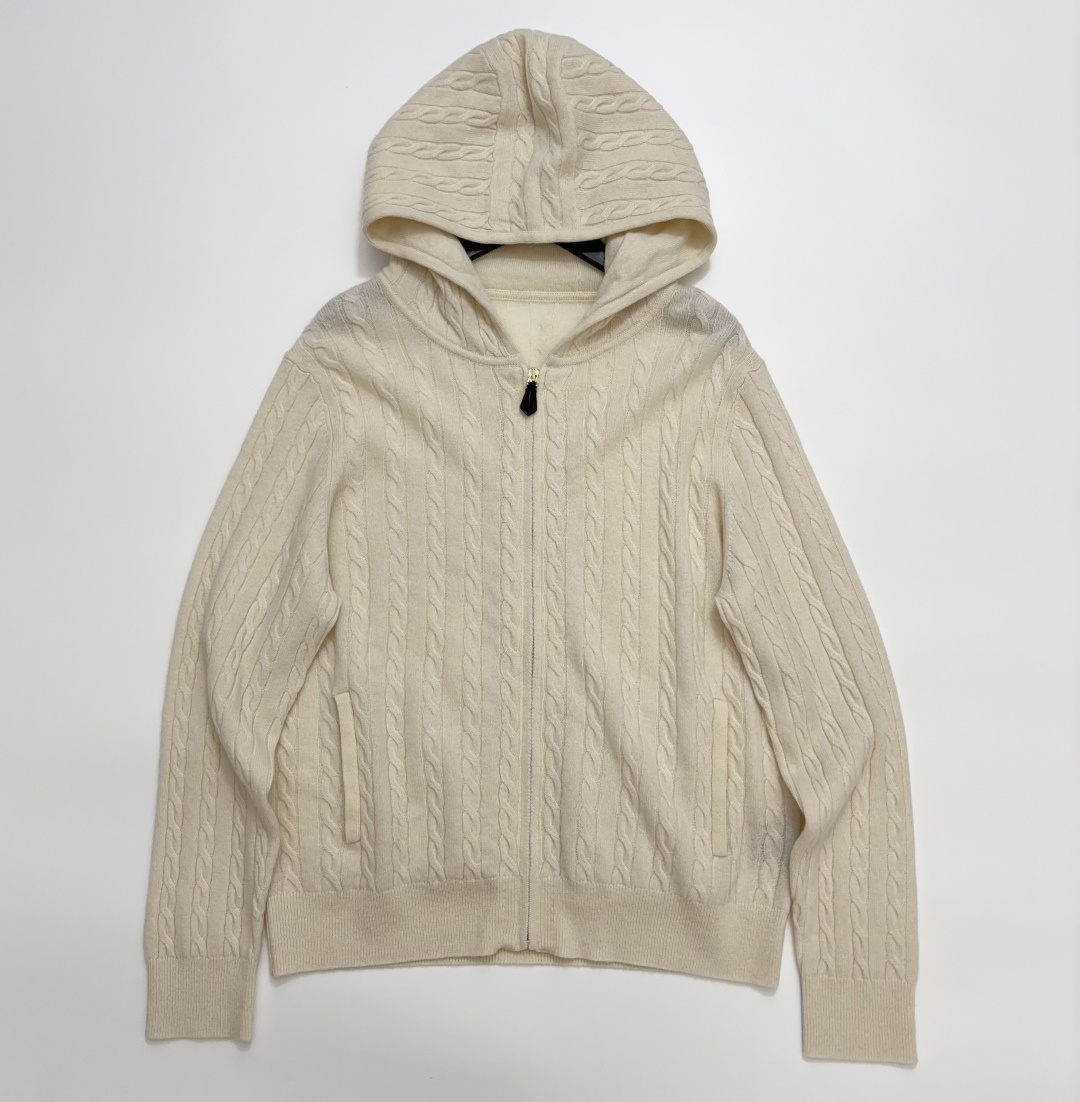 Loro Piana Zipper Double Pocket Hooded Cable Knit Cardigan