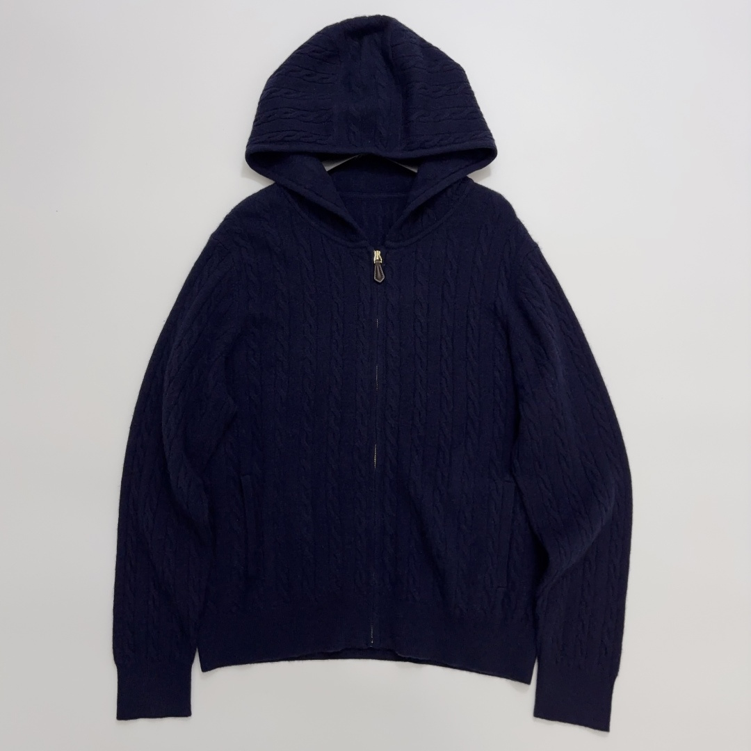 Loro Piana Hooded Cable Knit Cardigan Sweater with Zip and Double Pockets