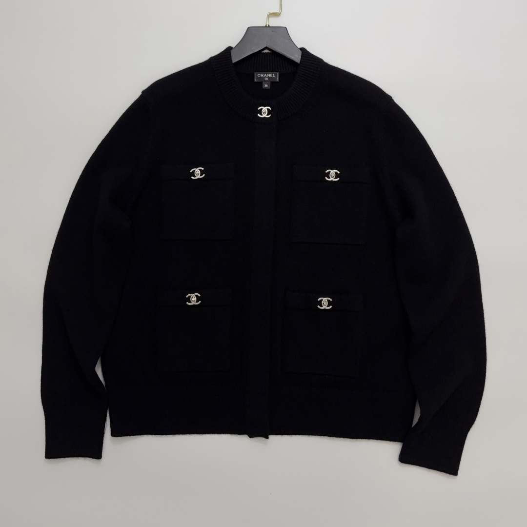 Chanel Four-Pocket Buckle Wool Knit Cardigan Top