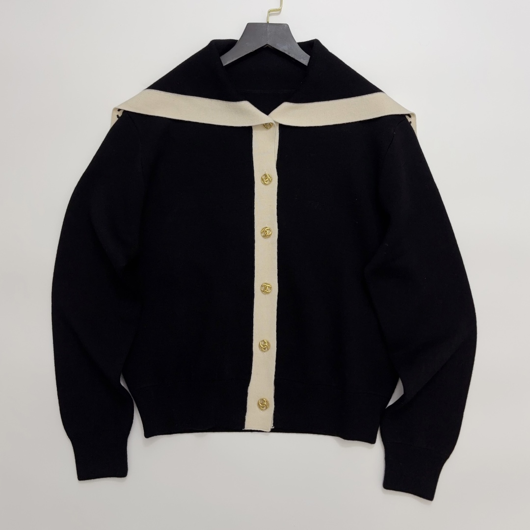 Chanel Early Autumn Colorblock Sailor Collar Gold Button Knit Cardigan