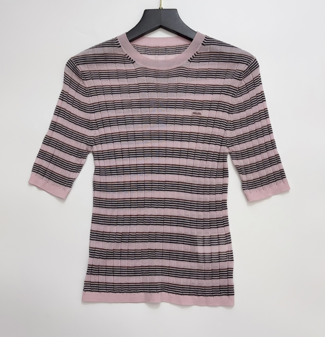 Prada Striped Short Sleeve Slim Fit Knit Pullover Top