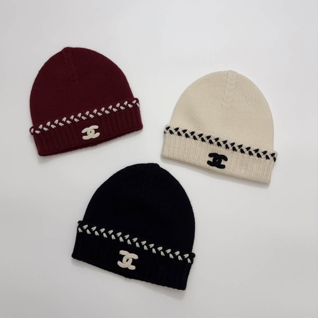Chanel Wheat Lace Double C Logo Wool Knit Beanie