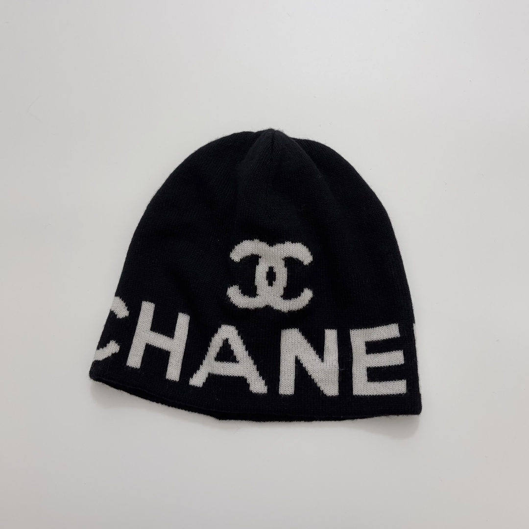 Chanel Black Letter Double C Large Logo Knit Beanie