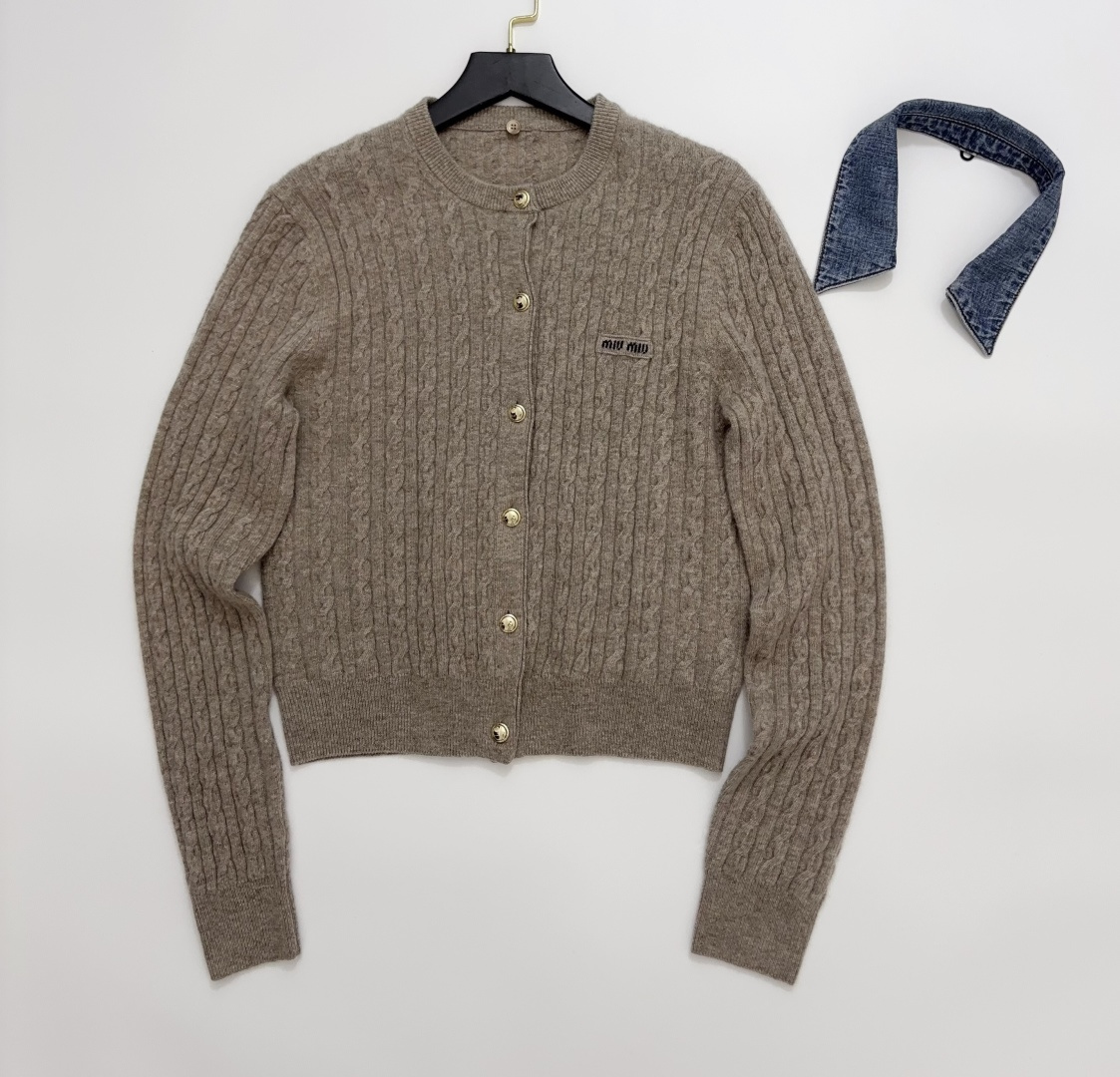 Miu Miu Cable Knit Denim Lapel Single-Breasted Cardigan Jacket