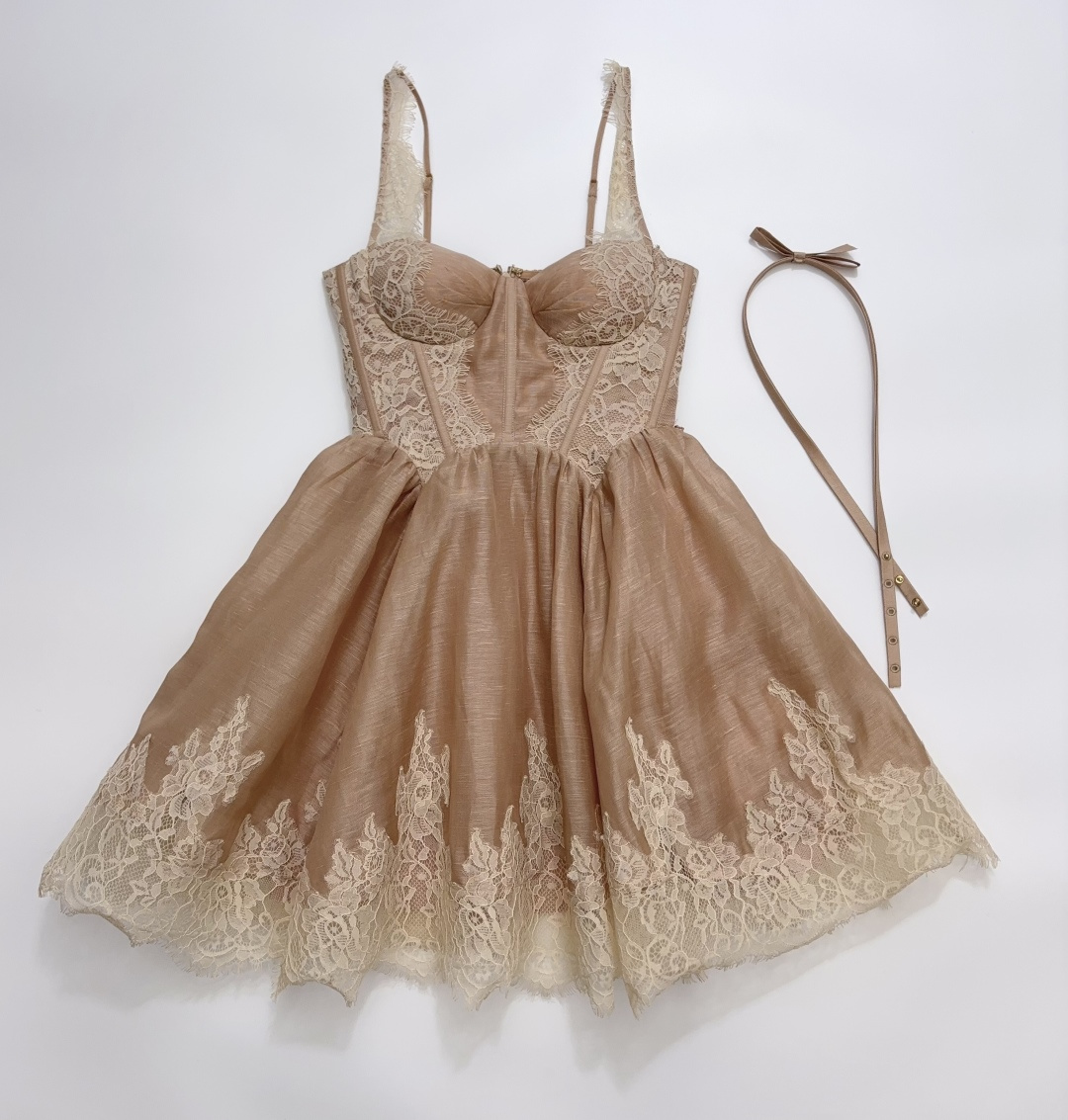 Zimmermann Early Autumn Lace Patchwork Strapless Cinch-Waist Tie-Detail Bubble Mini Dress