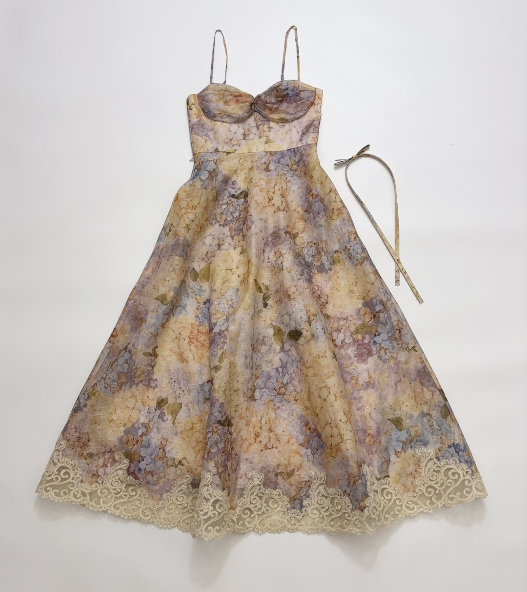 Zimmermann Silk Linen Hydrangea Print Camisole Dress with Strapless Tie-Waist and Lace Patchwork