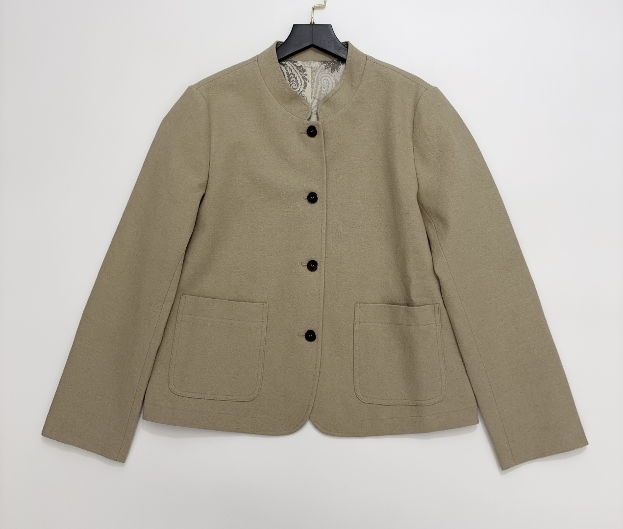 Vintage Style Faded Wood Button Rolled Edge Long Sleeve Stand Collar Jacket