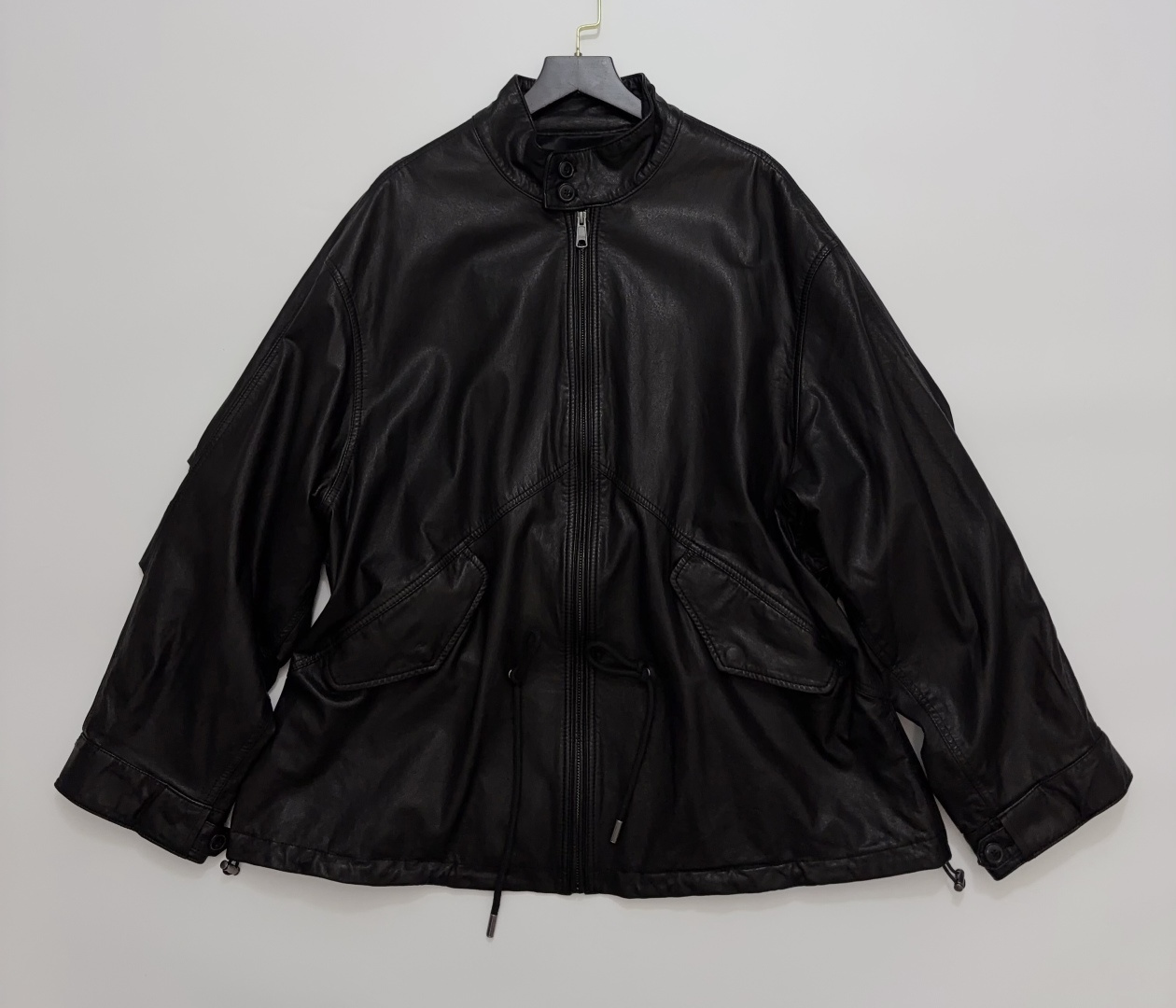 Soft Lambskin Patchwork Raglan Sleeve Genuine Leather Jacket with Stand Collar